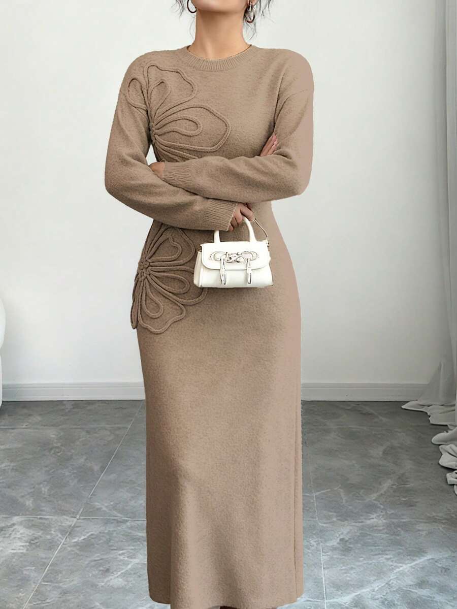 Women's Floral Print Long Sleeve Knitted Sweater Dress