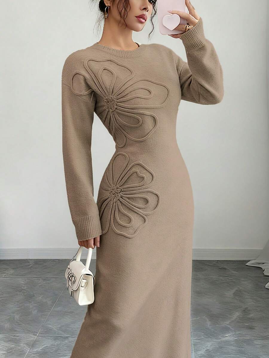 Women's Floral Print Long Sleeve Knitted Sweater Dress