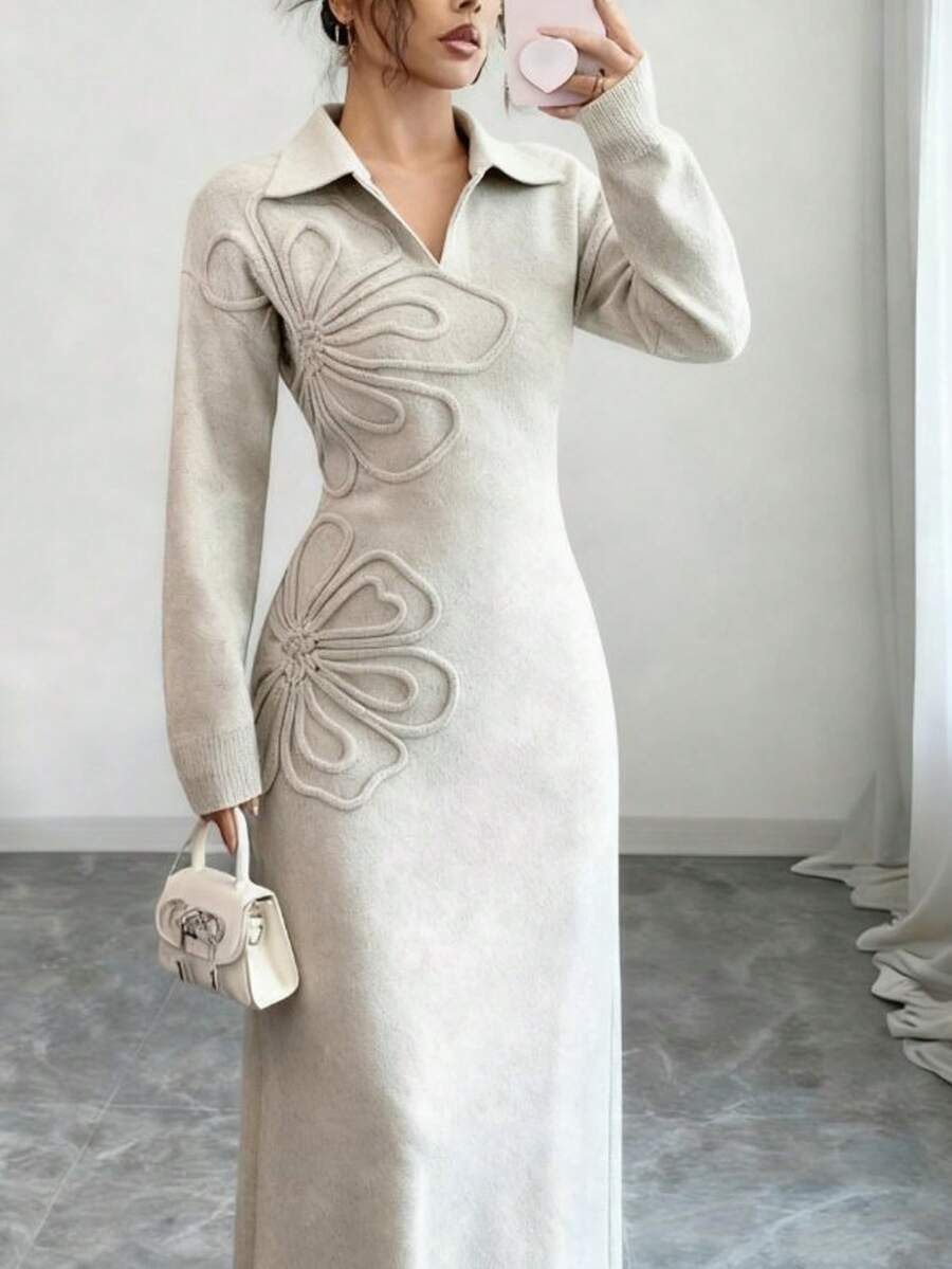 Women's Floral Print Long Sleeve Knitted Sweater Dress