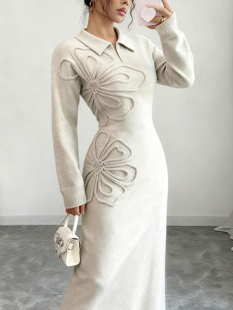 Women's Floral Print Long Sleeve Knitted Sweater Dress