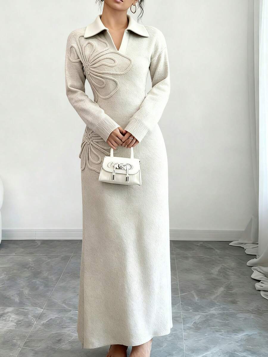 Women's Floral Print Long Sleeve Knitted Sweater Dress