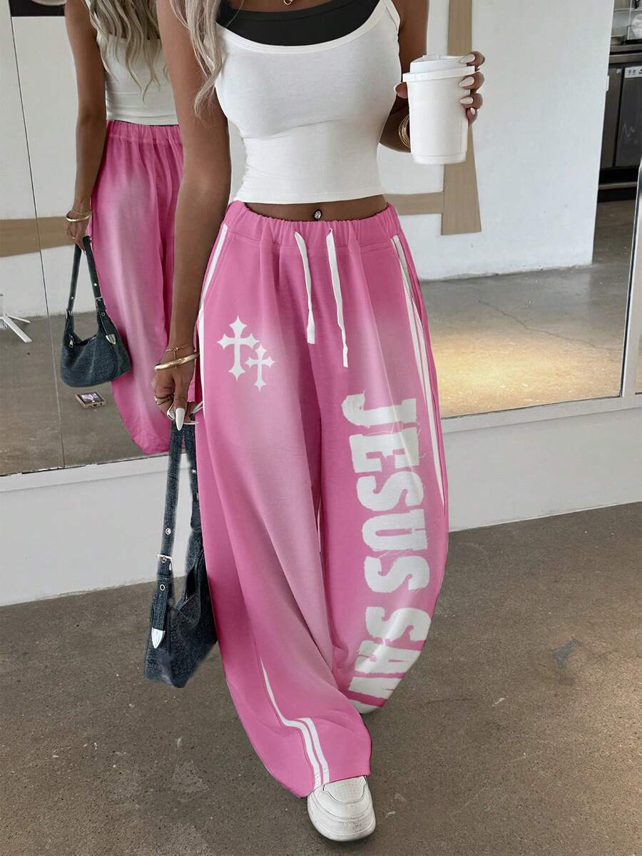 Women's Letter Cross Print Wide-Leg Pants