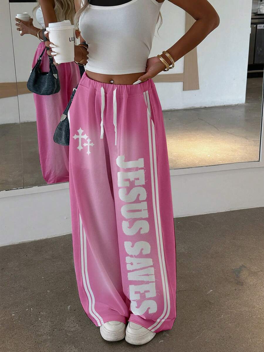 Women's Letter Cross Print Wide-Leg Pants