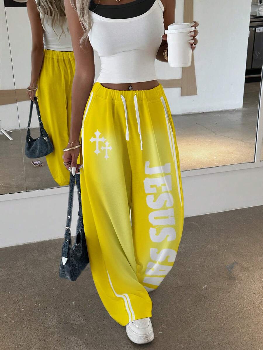 Women's Letter Cross Print Wide-Leg Pants