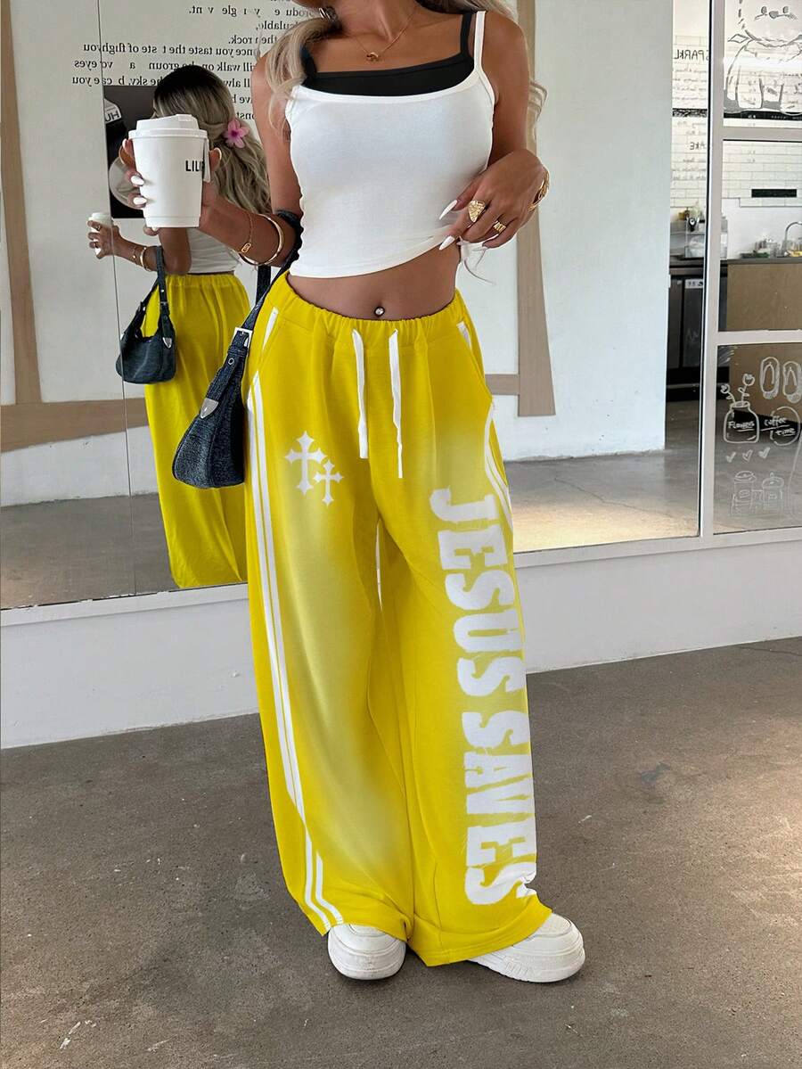 Women's Letter Cross Print Wide-Leg Pants