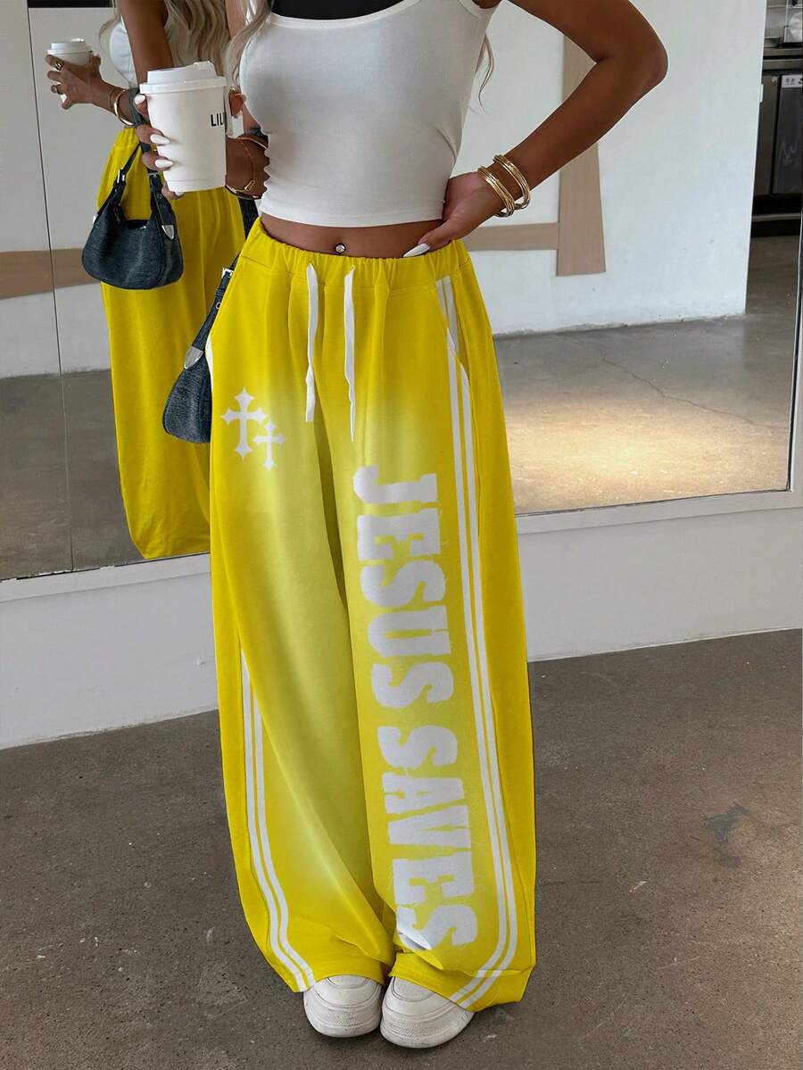 Women's Letter Cross Print Wide-Leg Pants