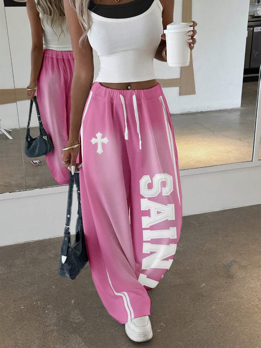 Women's Letter Cross Print Wide-Leg Pants
