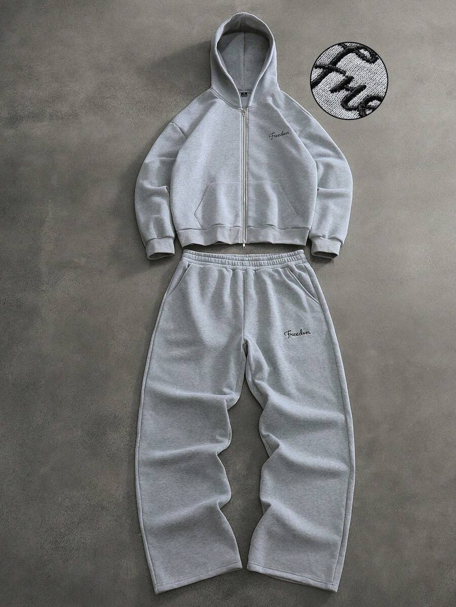 Cross Print Embroidered Hoodie Sweatshirt Set