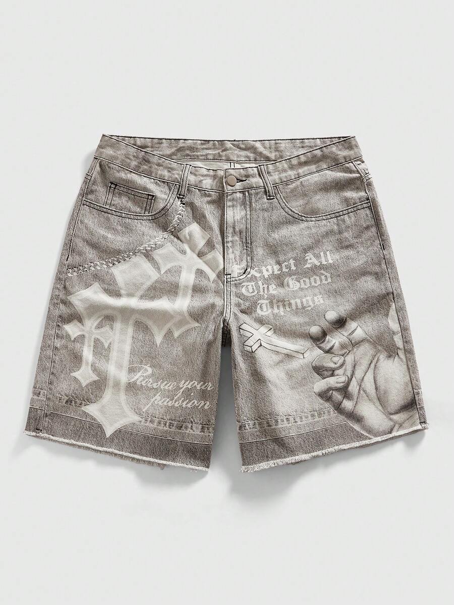 Men's Punk Chain Pattern Denim Shorts