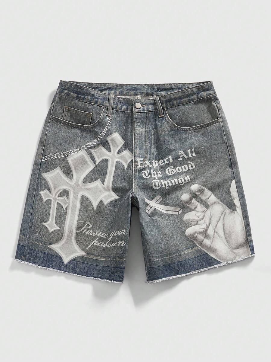 Men's Punk Chain Pattern Denim Shorts