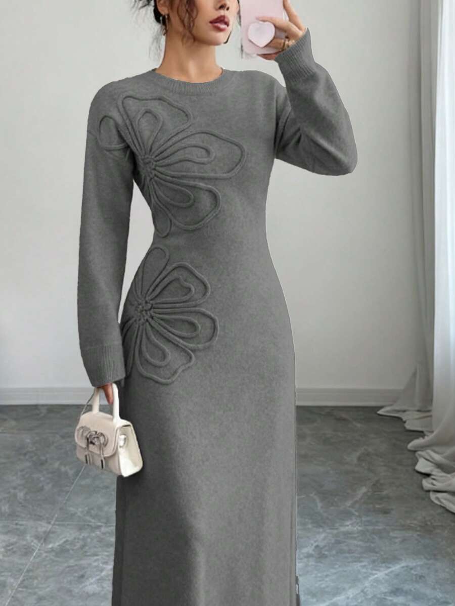 Women's Floral Print Long Sleeve Knitted Sweater Dress