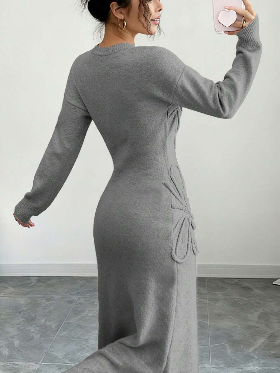 Women's Floral Print Long Sleeve Knitted Sweater Dress