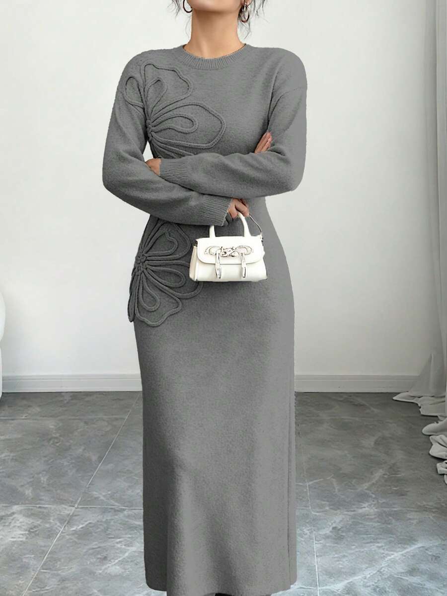 Women's Floral Print Long Sleeve Knitted Sweater Dress