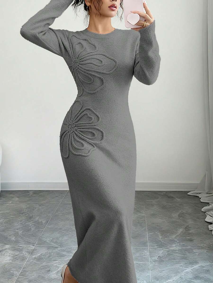 Women's Floral Print Long Sleeve Knitted Sweater Dress