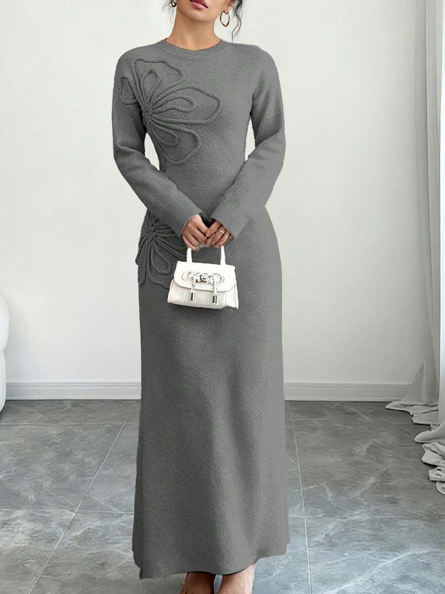 Women's Floral Print Long Sleeve Knitted Sweater Dress