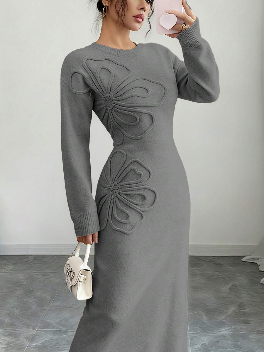 Women's Floral Print Long Sleeve Knitted Sweater Dress