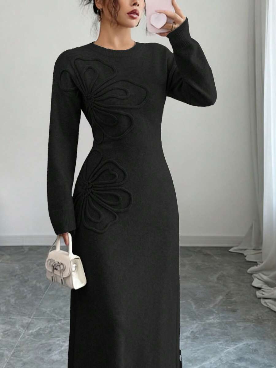 Women's Floral Print Long Sleeve Knitted Sweater Dress