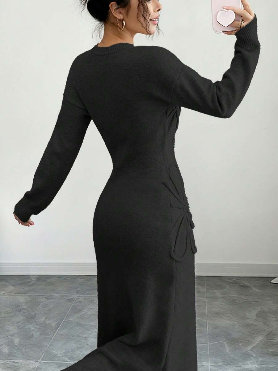 Women's Floral Print Long Sleeve Knitted Sweater Dress