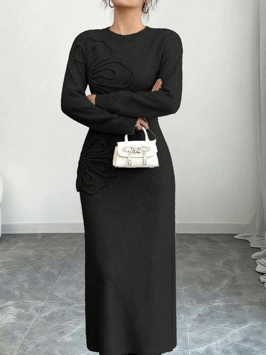 Women's Floral Print Long Sleeve Knitted Sweater Dress