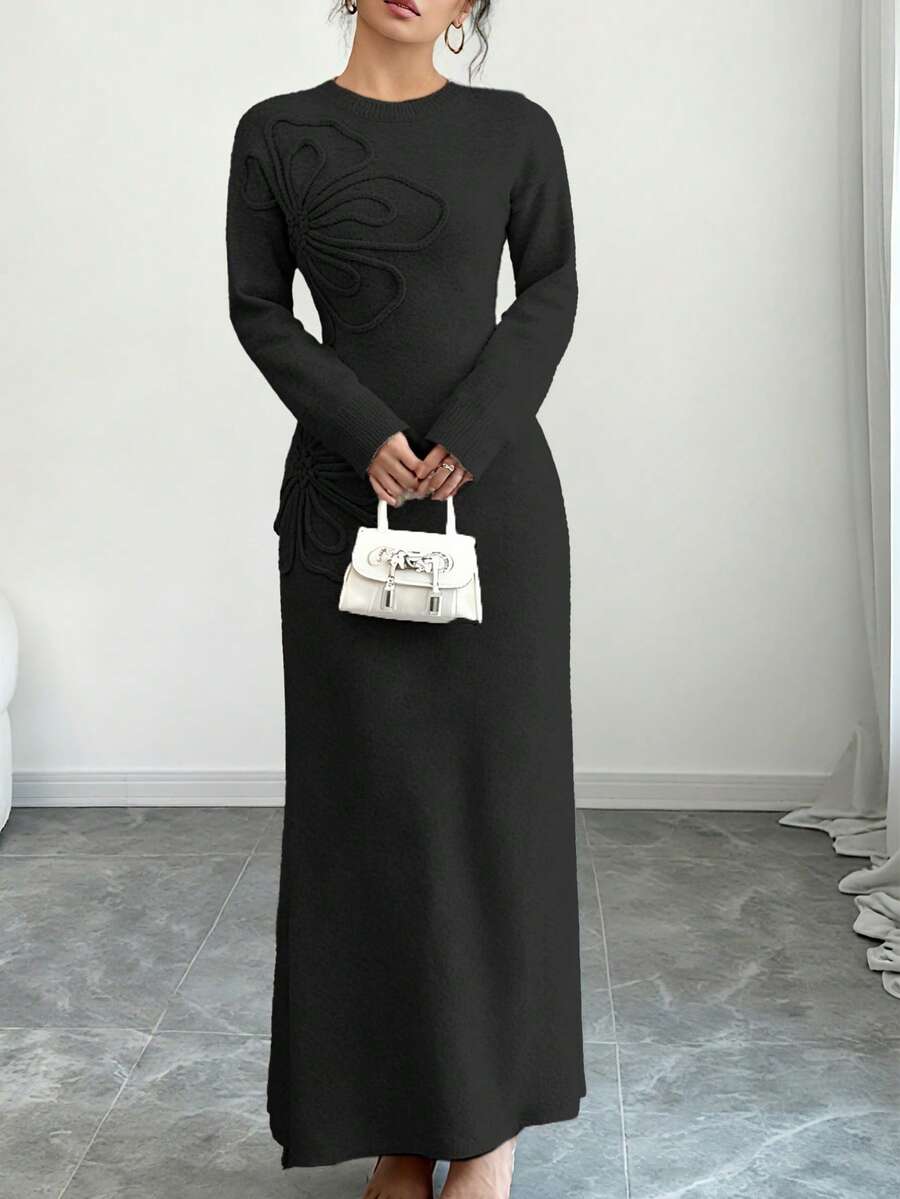 Women's Floral Print Long Sleeve Knitted Sweater Dress