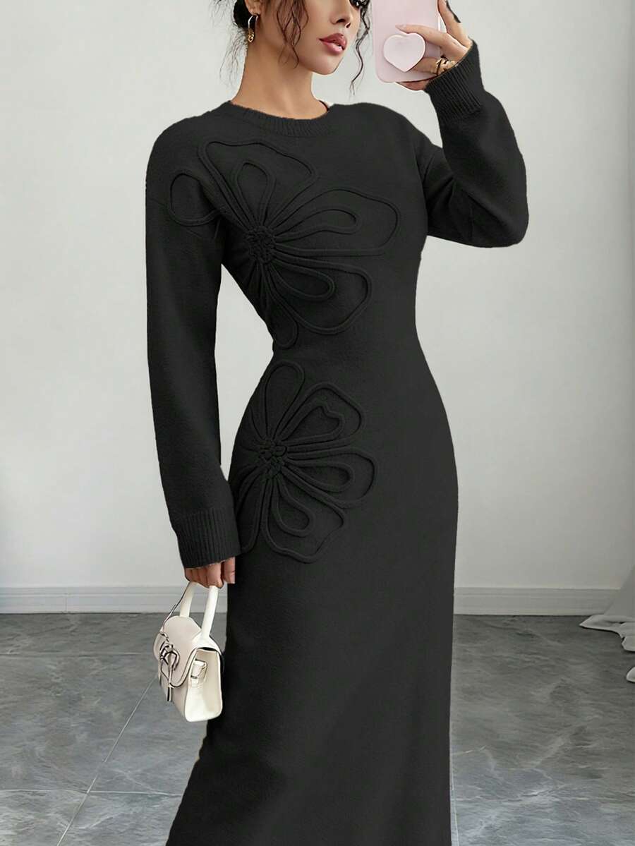 Women's Floral Print Long Sleeve Knitted Sweater Dress