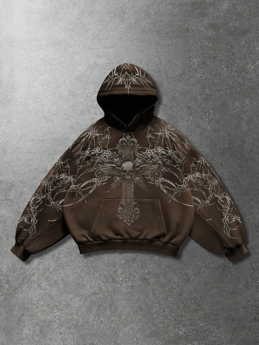 Men's Skull Cross Print Pocket Hoodie