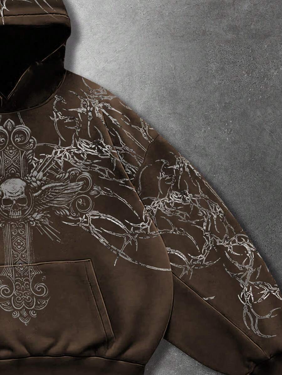Men's Skull Cross Print Pocket Hoodie