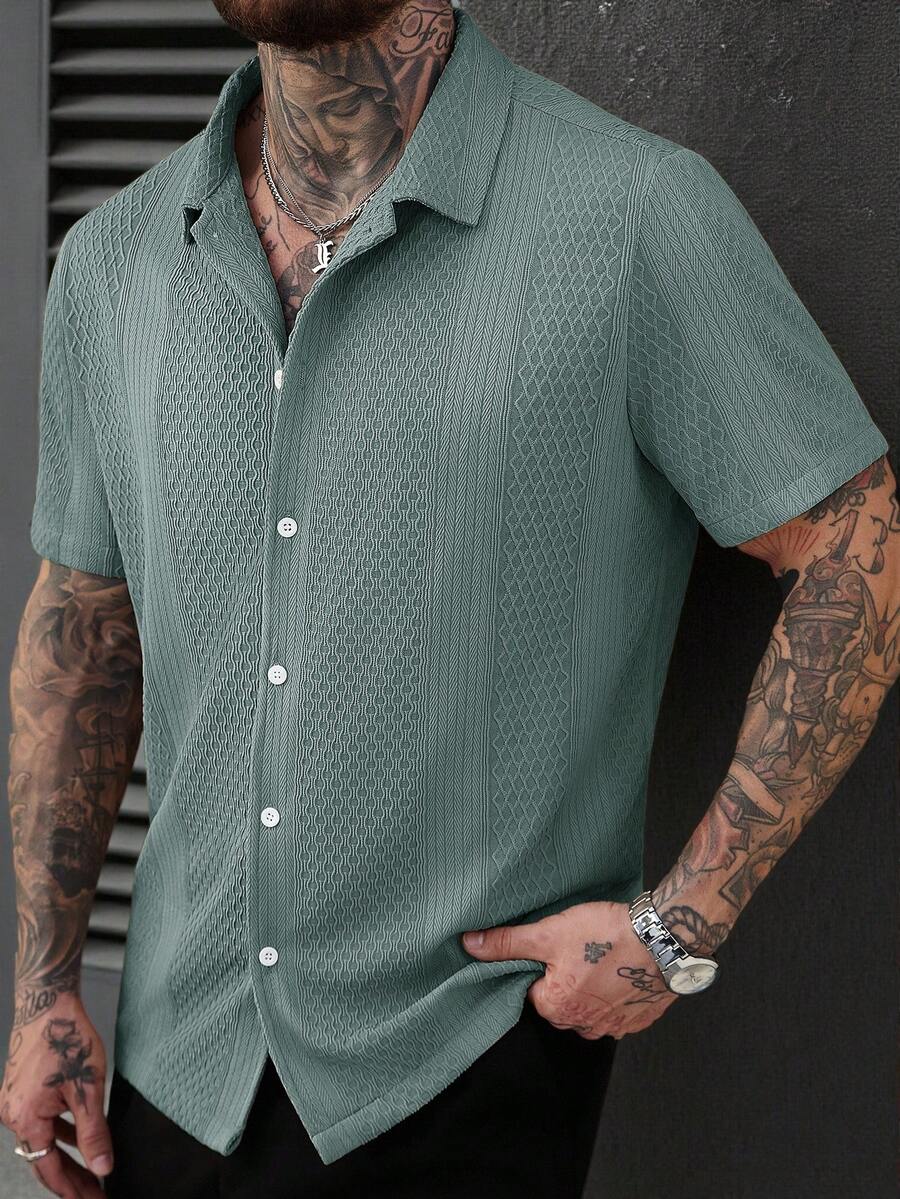 Men's Solid Color Jacquard Knit Short Sleeve Shirt