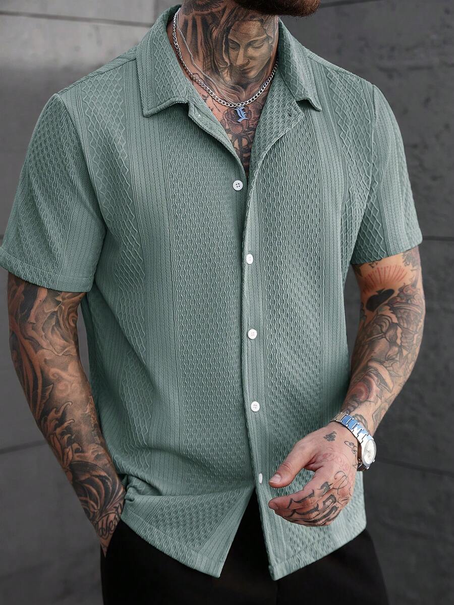 Men's Solid Color Jacquard Knit Short Sleeve Shirt