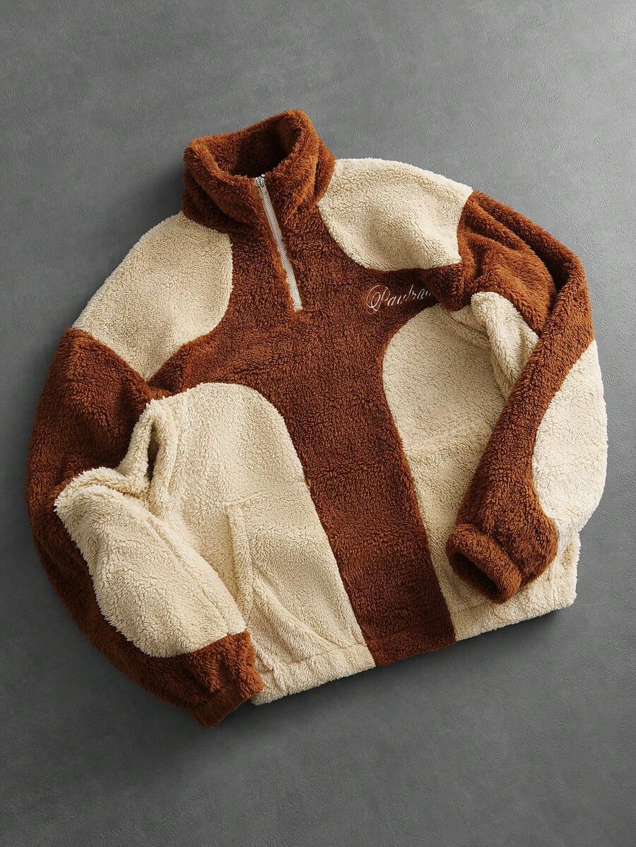 Men's Patchwork Stand Collar Half-Zip Fleece Sweatshirt