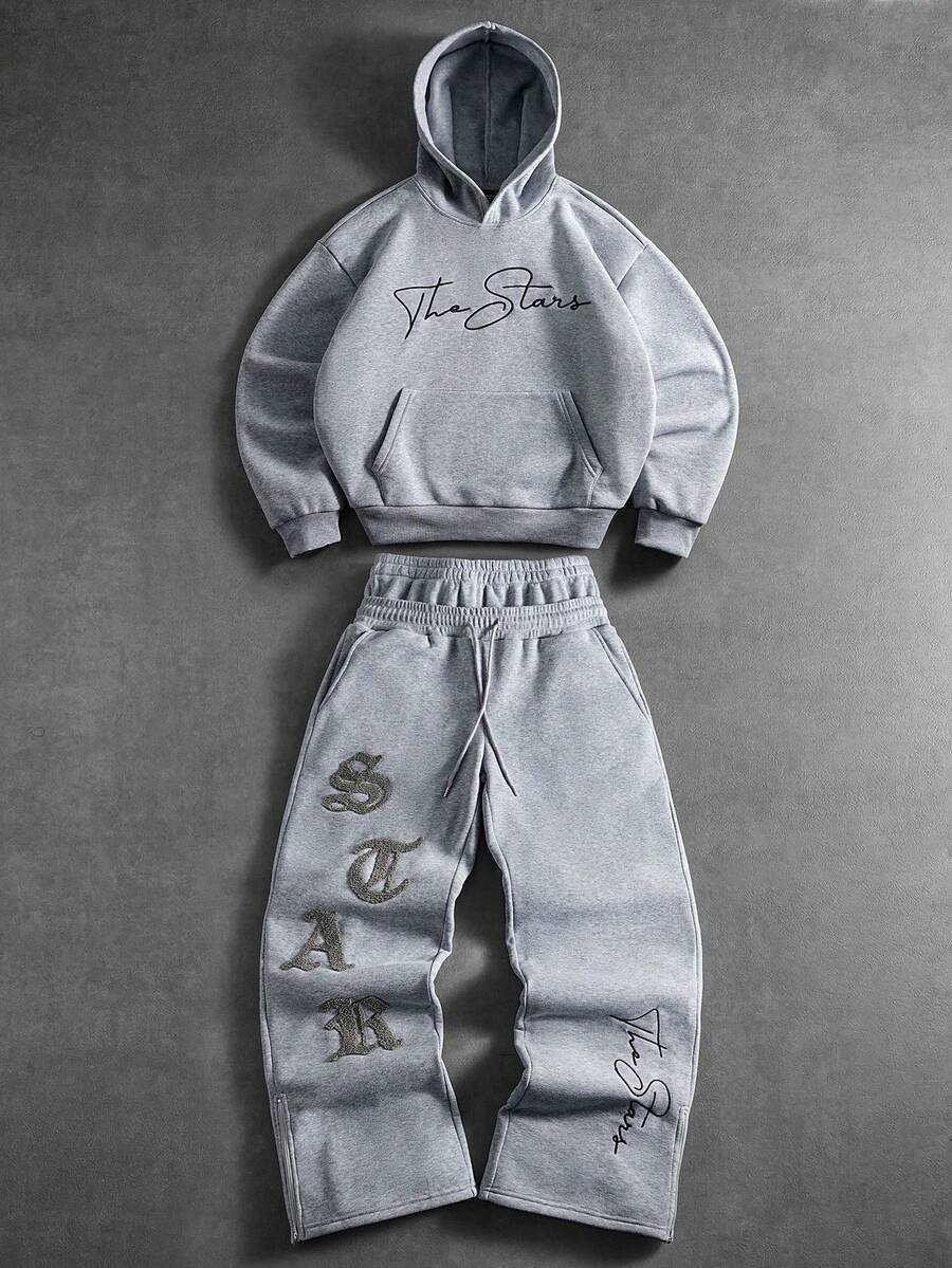 Embroidered Hoodie Wide Leg Sweatpants Set