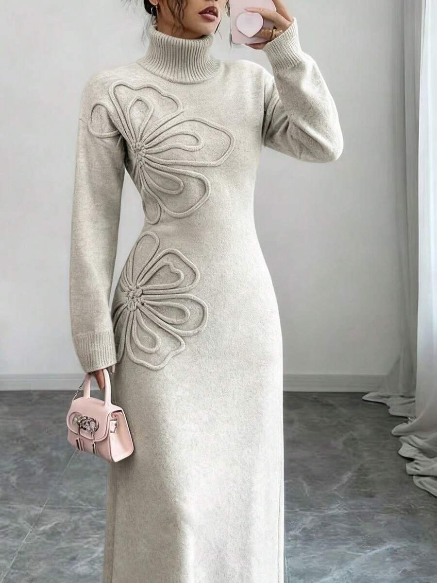 Women's Floral Print Long Sleeve Knitted Sweater Dress