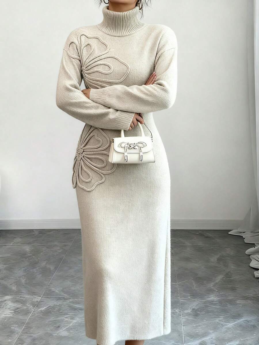 Women's Floral Print Long Sleeve Knitted Sweater Dress