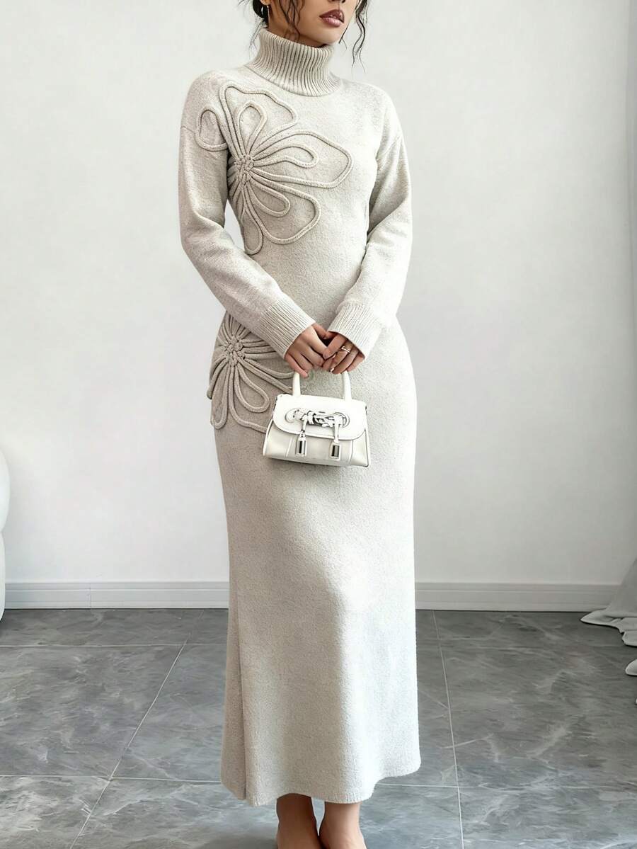 Women's Floral Print Long Sleeve Knitted Sweater Dress