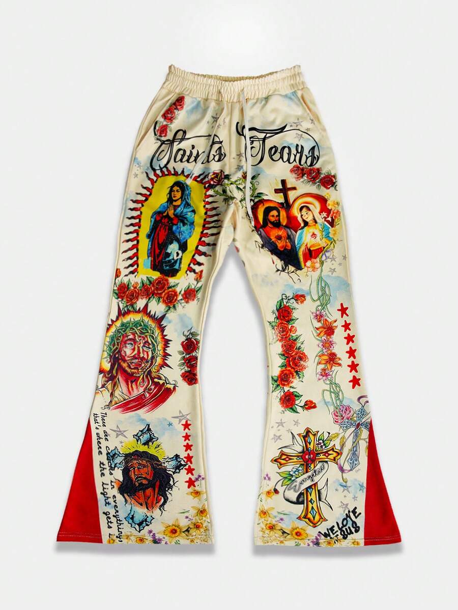 Men's Religious Graphic Print Flare Pants