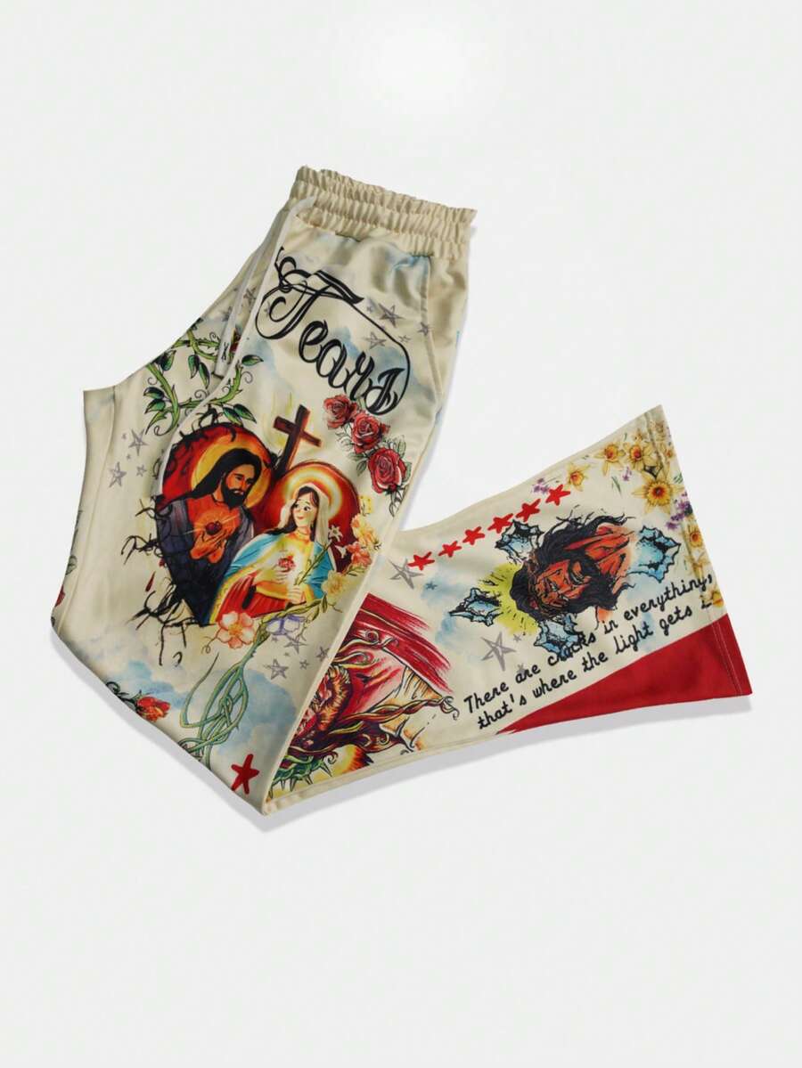 Men's Religious Graphic Print Flare Pants
