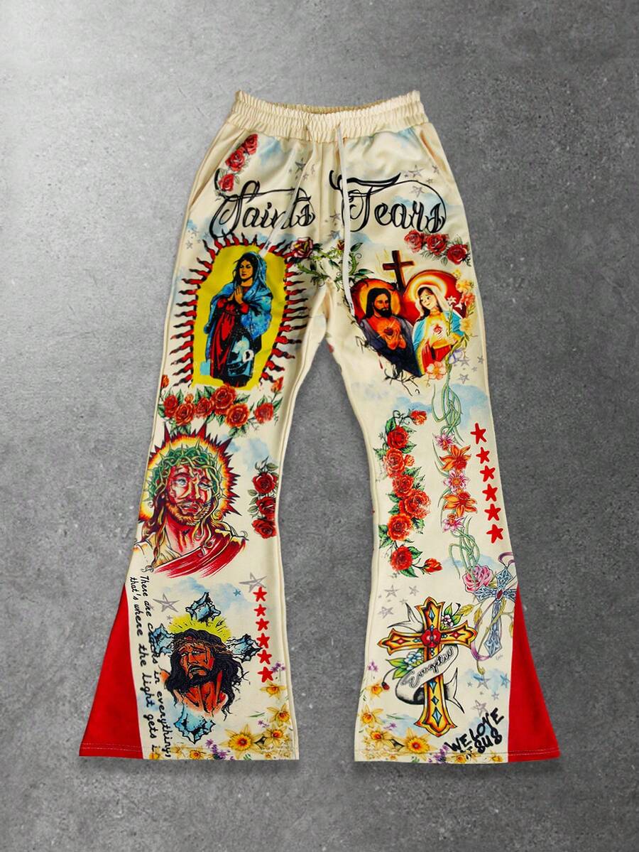 Men's Religious Graphic Print Flare Pants