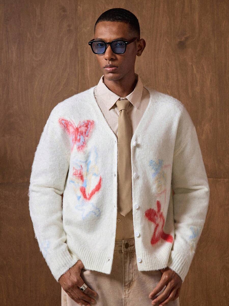 Business Casual Men's Casual Butterfly Jacquard Drop Shoulder Long Sleeve Knitted Cardigan