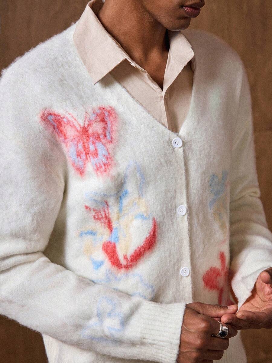 Business Casual Men's Casual Butterfly Jacquard Drop Shoulder Long Sleeve Knitted Cardigan