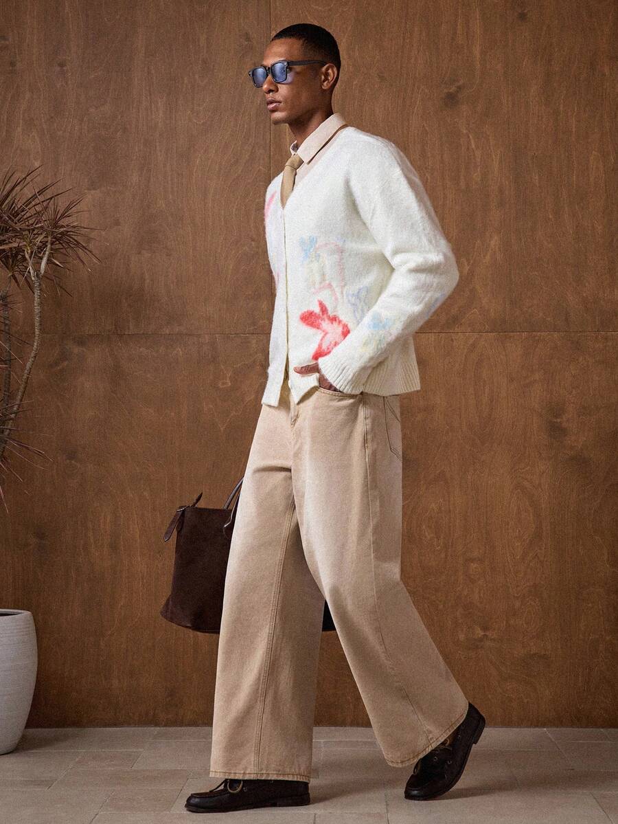 Business Casual Men's Casual Butterfly Jacquard Drop Shoulder Long Sleeve Knitted Cardigan