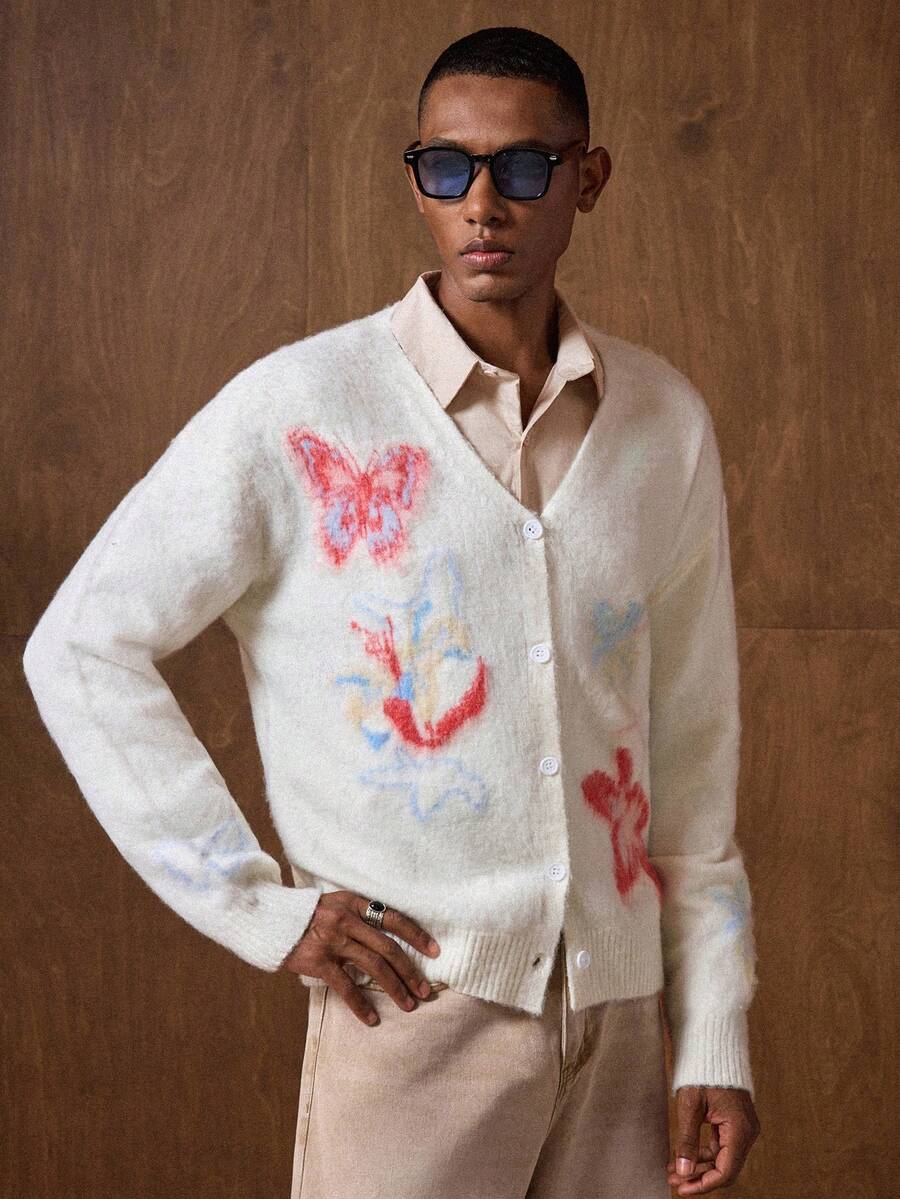 Business Casual Men's Casual Butterfly Jacquard Drop Shoulder Long Sleeve Knitted Cardigan