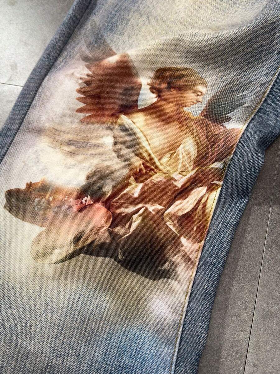 Angel Graphic Wide Leg Ripped Jeans