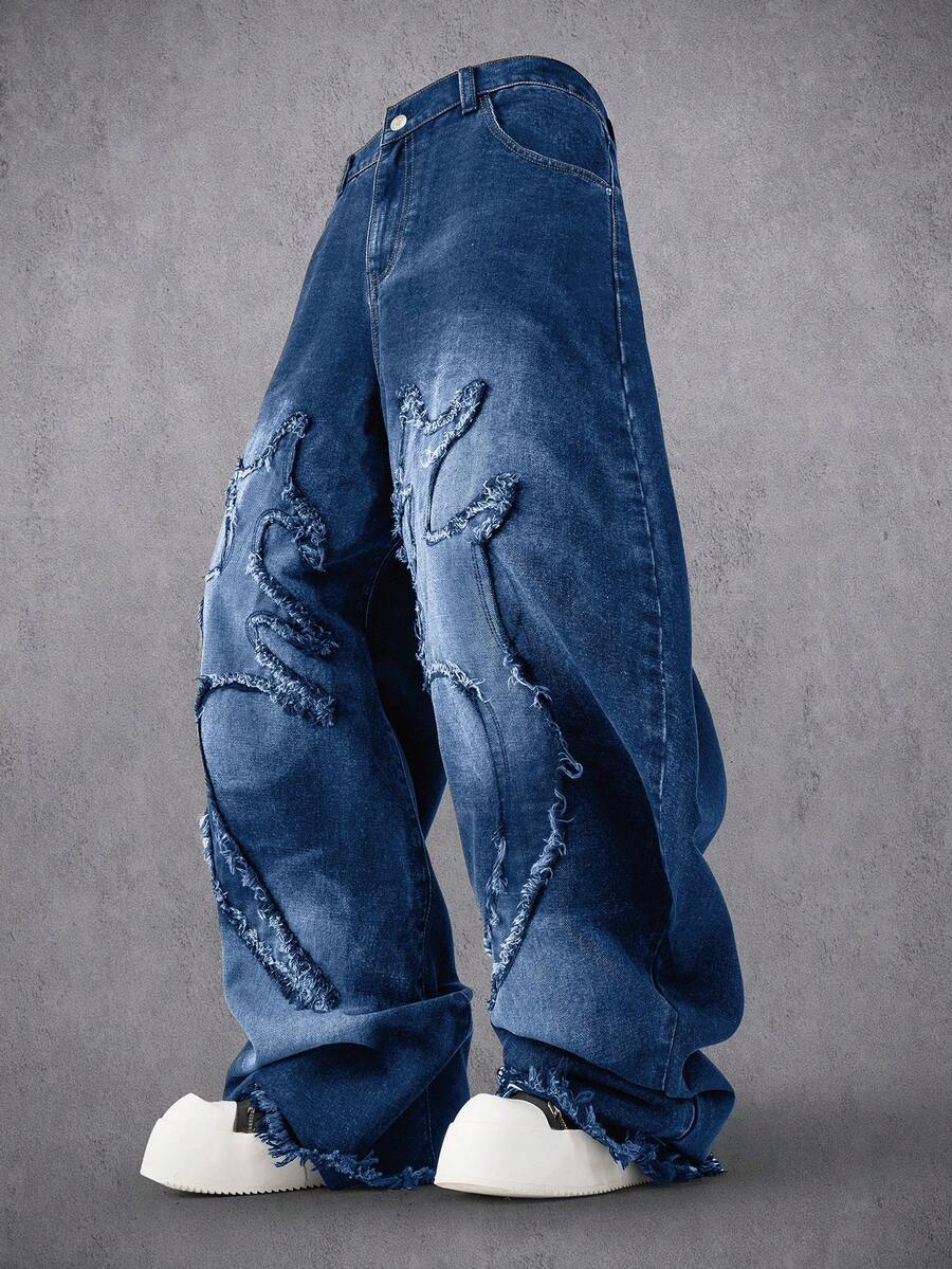 MEN Frayed Hem High Street Embroidered Washed Loose Barrel Leg Jeans