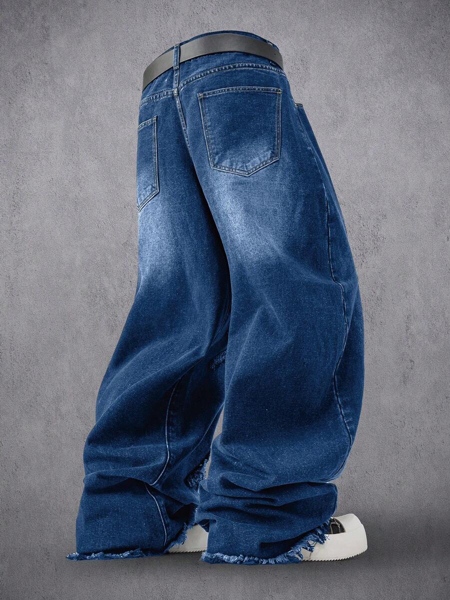 MEN Frayed Hem High Street Embroidered Washed Loose Barrel Leg Jeans