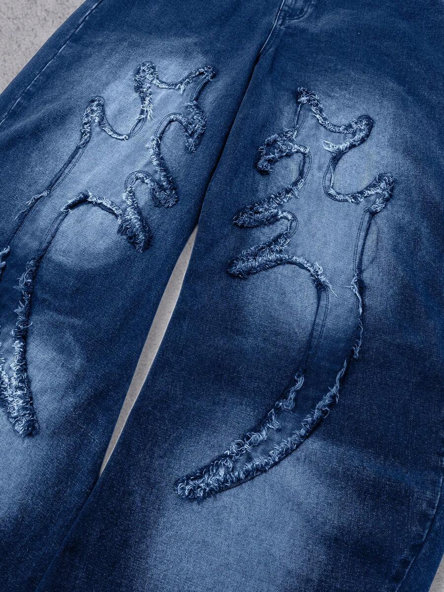 MEN Frayed Hem High Street Embroidered Washed Loose Barrel Leg Jeans