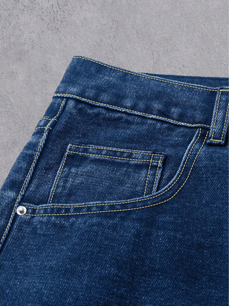 MEN Frayed Hem High Street Embroidered Washed Loose Barrel Leg Jeans