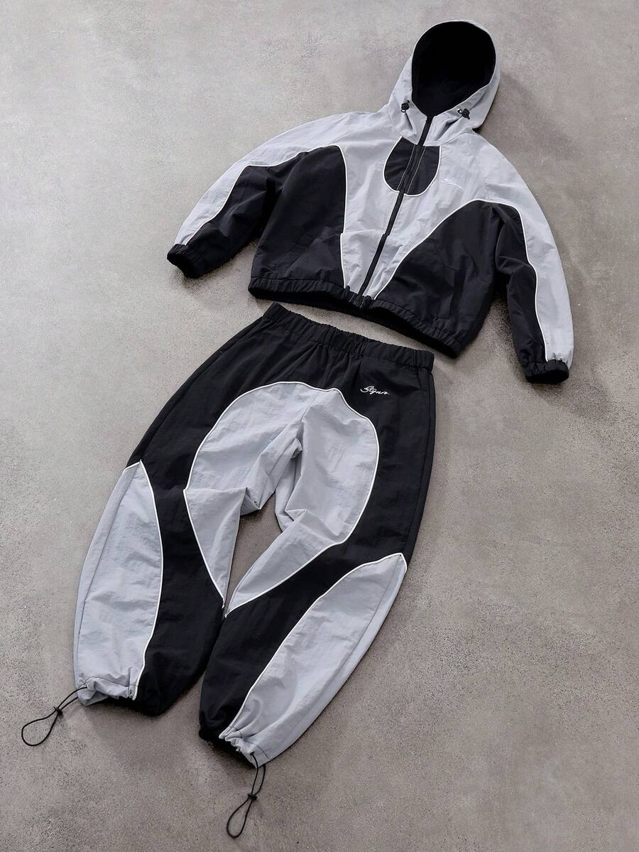 Men's Two-Tone Zip Front Hoodie & Drawstring Pants Casual Tracksuit Set