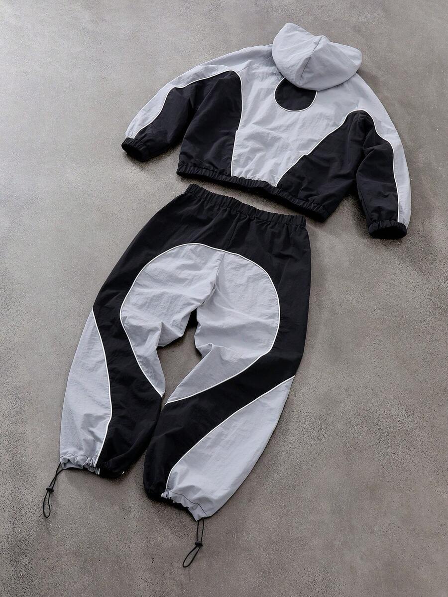 Men's Two-Tone Zip Front Hoodie & Drawstring Pants Casual Tracksuit Set