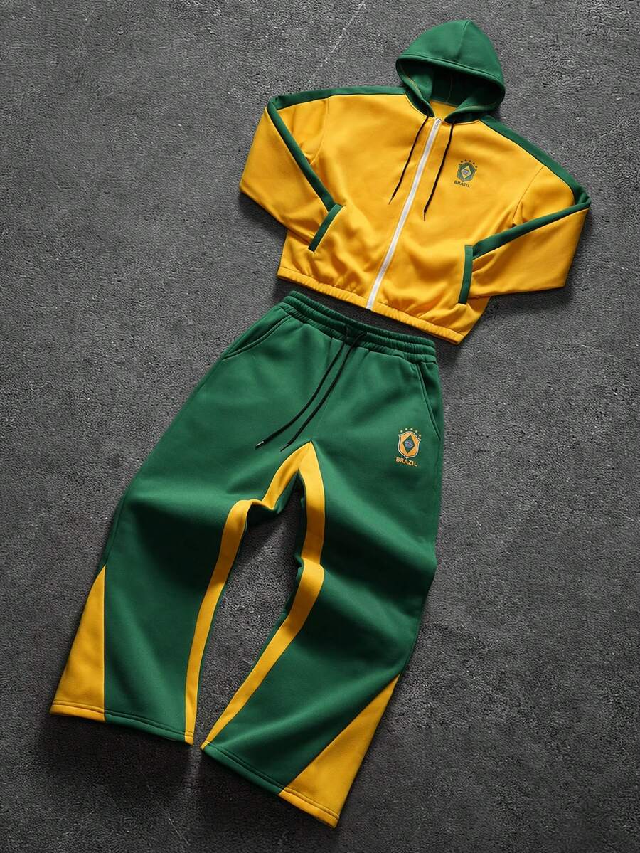 Contrast Color Zip-Up Hoodie Sweatpants Set