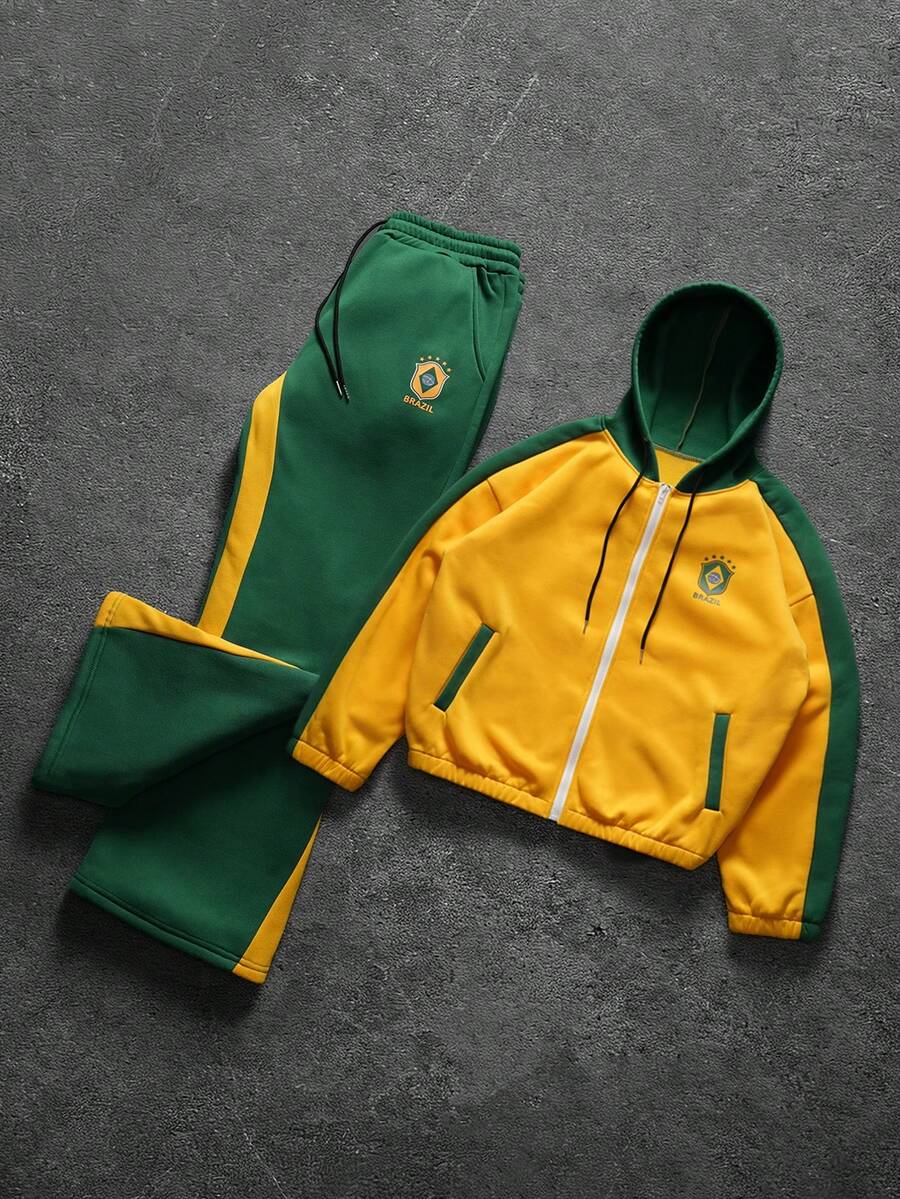 Contrast Color Zip-Up Hoodie Sweatpants Set